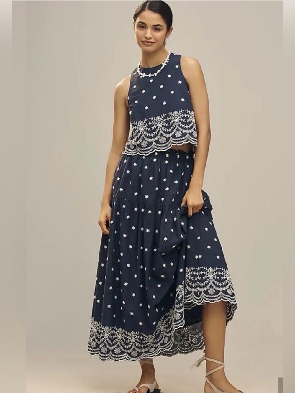 En Saison Nara Dark navy blue embroidered skirt & top set medium scallop hem NWT